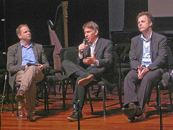 VOX roundtable discussion, Stephen Schwartz sits between composers Jonathan Dawe and Yoav Gal